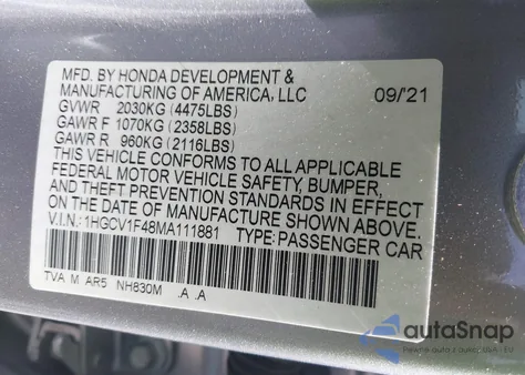 2021 Honda Accord Sport Special Edition из США, поврежденный, VIN 1HGCV1F48MA111881